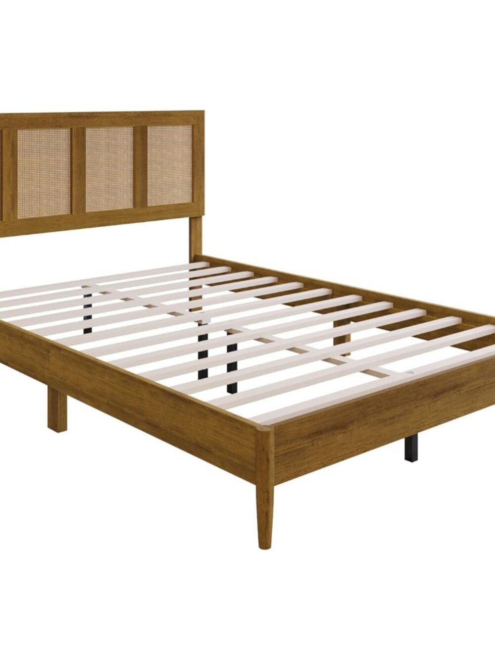 Skokie Full Wood Platform Bed Frame with Rattan Accents – Rustic Solid Wood Desi - Picture 3 of 10